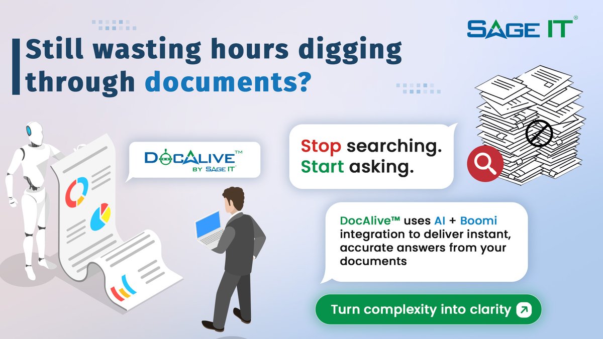 SageITInc's tweet photo. Still spending hours digging through PDFs, contracts, and reports just to find one piece of data? What if you could simply ask and get instant, accurate, and intelligent answers? DocAlive™ makes it possible by combining AI with @boomi integration for a seamless, smart document experience: https://t.co/Cc9ZZ3pR2s