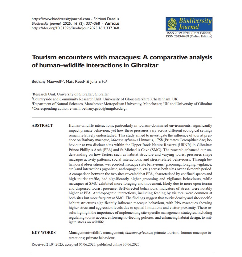 We’re delighted to announce a new publication by PhD student Bethany Maxwell, with supervisors Beacon Professor Julia Fa and Dr Matt Reed, titled “Tourism encounters with macaques: A comparative analysis of human–wildlife interactions in Gibraltar”. 

 doi.org/10.31396/Biodi…