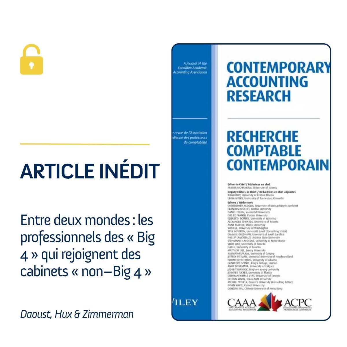 Contemporary Accounting Research (@car_rcc_journal) on Twitter photo 🚀Les «Big 4», la seule voie vers la réussite? Cette étude examine la transition des professionnels de la comptabilité publique des cabinets «Big 4» vers les «non-Big 4».
🔓🔗onlinelibrary.wiley.com/doi/10.1111/19…
Daoust (<a href="/HEC_Montreal/">HEC Montréal</a>), Hux (<a href="/NIUlive/">NIU</a>) & Zimmerman (<a href="/FloridaState/">Florida State University</a>) 🚀Les «Big 4», la seule voie vers la réussite? Cette étude examine la transition des professionnels de la comptabilité publique des cabinets «Big 4» vers les «non-Big 4».
🔓🔗onlinelibrary.wiley.com/doi/10.1111/19…
Daoust (<a href="/HEC_Montreal/">HEC Montréal</a>), Hux (<a href="/NIUlive/">NIU</a>) & Zimmerman (<a href="/FloridaState/">Florida State University</a>)