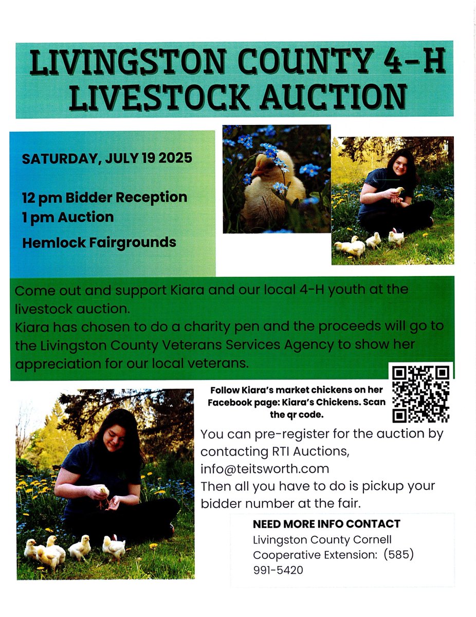 🎪Visiting the Hemlock Fair on Sat.? Here's an opportunity to help support our local veterans while you're there. 🍀4-H member Kiara has very generously chosen to donate the proceeds from her livestock auction to #LivCo Veteran Services! Thanks for your veteran support, Kiara!🐔