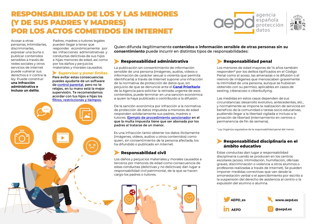 AEPD_es's tweet image. Los y las menores que difundan ilegítimamente contenidos o información sensible de otras personas sin su consentimiento puede incurrir en responsabilidades:
📝Administrativas
👥Civiles
⚖️Penales
🎒Disciplinarias en el ámbito educativo
Todas las claves: aepd.es/infografias/re…