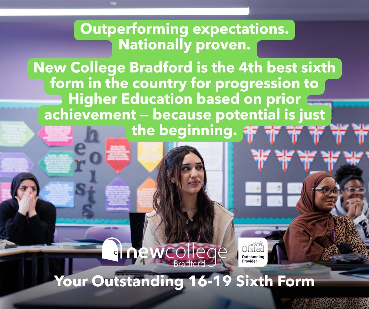 NewColBradford's tweet image. Outperforming expectations. Nationally proven.
New College Bradford is the 4th best sixth form in the country for progression to Higher Education based on prior achievement — because potential is just the beginning. #YourNewCollege