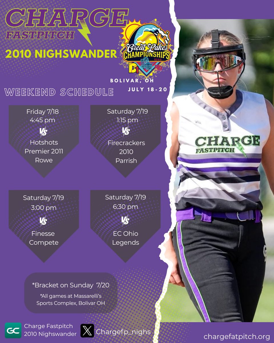 2 weeks left and we’ll be on the road at the <a href="/d1fastpitch1/">D1 Fastpitch</a> Great Lakes Championship this weekend in Bolivar, OH!  Let’s go!! #Gocharge 💜🥎💚