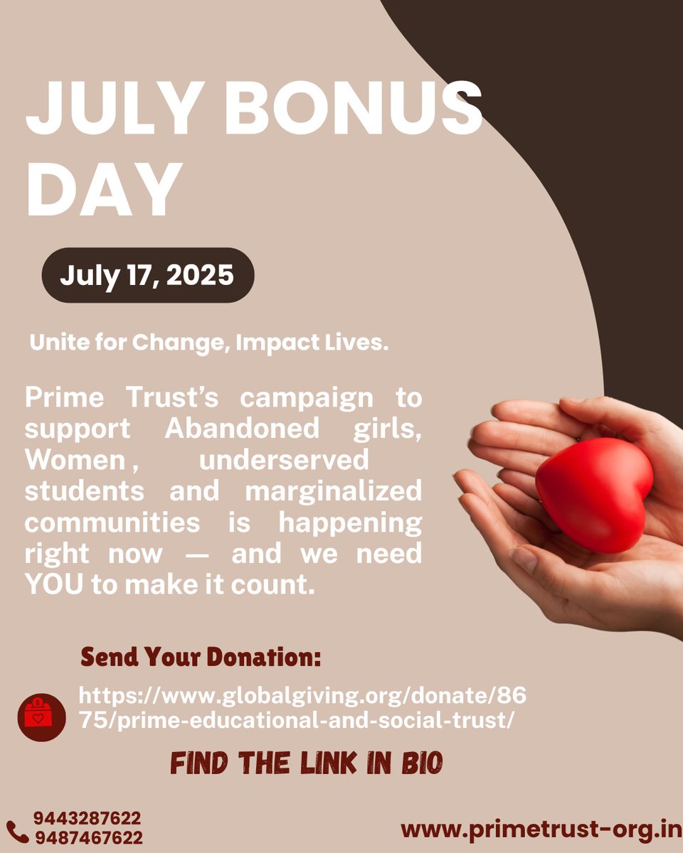 akshayashg2010's tweet image. 🌟 The Campaign is ON — and your support means everything!
💥 BONUS DAY: Donations can be MATCHED
⏳ Ends tonight — don’t miss out!
Empower women 💪🏽 Educate girls 📚 Build futures 🌸
👉 Donate now: globalgiving.org/donate/8675/pr…
#EmpowerWomen #PrimeTrust #BonusDay #GlobalGiving