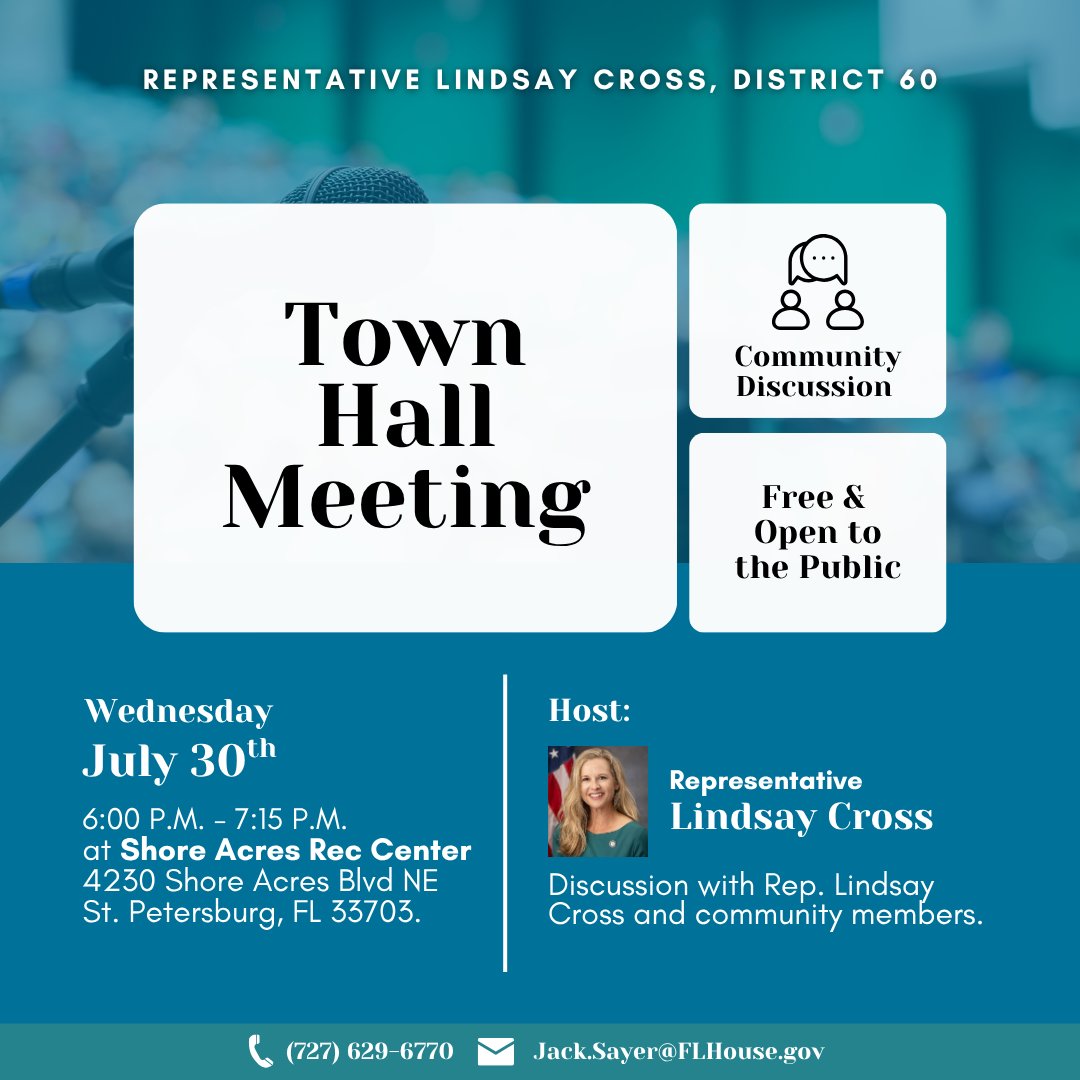 LindsayCrossFL's tweet image. Join us for a Town Hall on Wednesday, July 30th from 6:00–7:15 PM at the Shore Acres Recreation Center. We’ll be reviewing the 2025 Legislative Session, current issues affecting our community, and what my office and I have been engaged in over the summer!