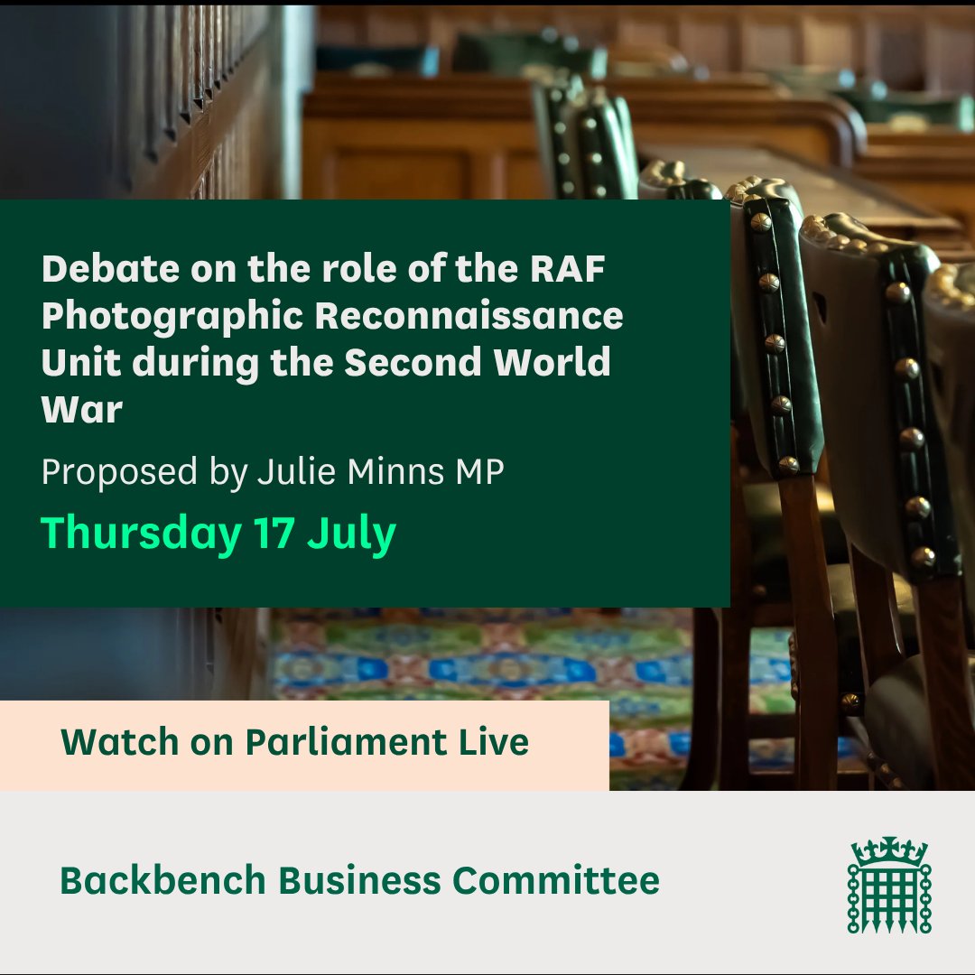 CommonsBBCom's tweet image. In Westminster Hall, MPs are holding a debate on the role of the RAF Photographic Reconnaissance Unit during the Second World War, put forward by Julie Minns MP.
📚Read the @commonslibrary debate pack: commonslibrary.parliament.uk/research-brief…
📺Watch on Parliament live: parliamentlive.tv/event/index/4d…