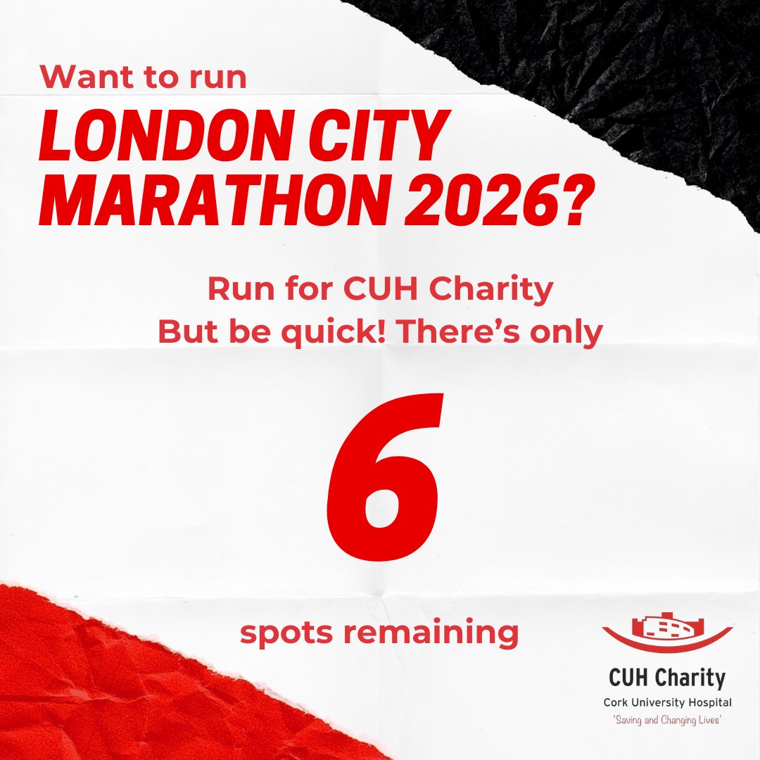 CUHCharity's tweet image. Ever dreamed of running London? Don't wait! 🏃🏃♀️
Make that dream a reality and sign up to run London 2026 for CUH Charity
cuhcharity.ie/lm2026/
Don't miss out, with only 6 spots left, it is truly a race to the finish line! #LondonMarathon2026 #London #LondonMarathon #RunLondon