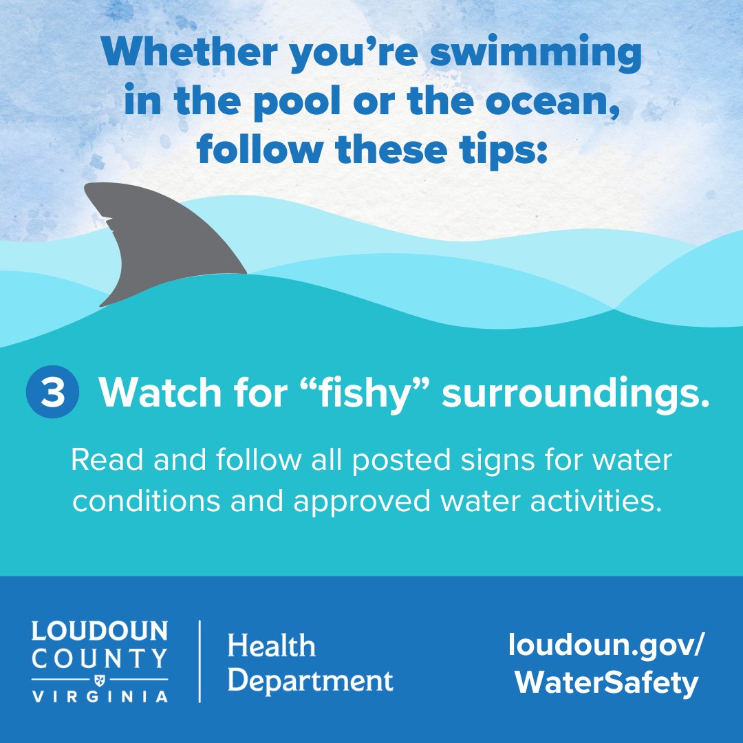 🛟 Safety Tip #3: Watch for "fishy" surroundings. Whether you're swimming in #Loudoun or elsewhere, follow any posted signs or warnings about approved water activities, water hazards and weather conditions.
Catch up on more #SwimHealthy reading: loudoun.gov/WaterSafety
#SharkWeek
