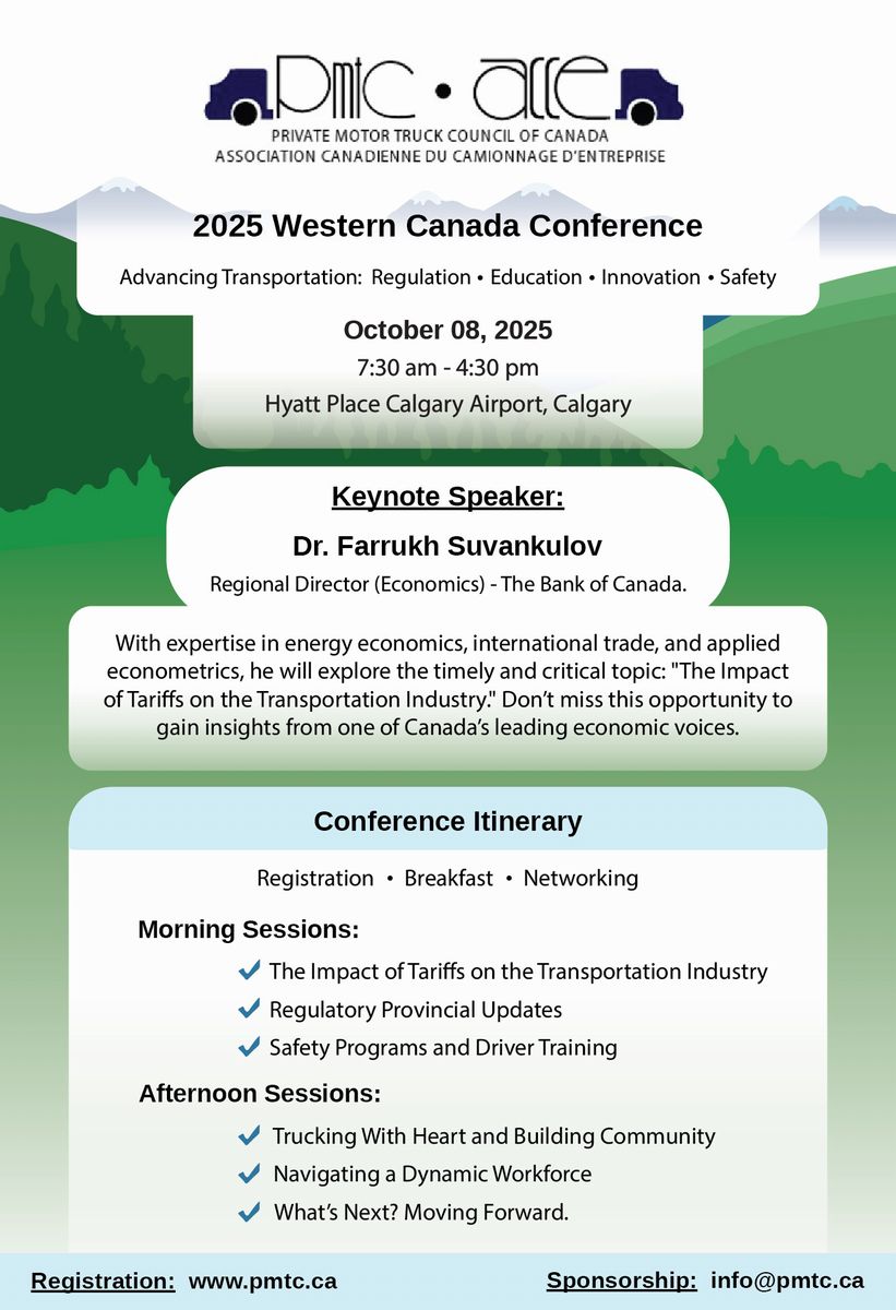 privatefleets's tweet image. The PMTC's 2025 Western Canada Conference takes place on Oct. 8 and offers a full day #learning & #networking. Led by Keynote Speaker Dr. Farrukh Suvankulov, we will explore the impacts of tariffs on our industry, regulatory provincial updates & more: tinyurl.com/3vy32v8x