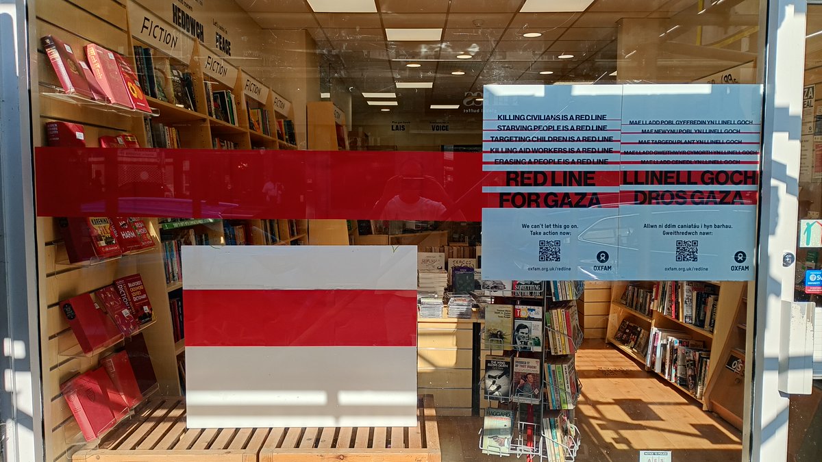 Phil represented us at #RedLineCymru launch at the Senedd. Like Oxfam shops across Wales, we have a red line in our window &amp; ask you to put one in yours to amplify the call for peace. Also: In the shop this Saturday from 11am: Come in &amp; be added to an online mosaic of solidarity!