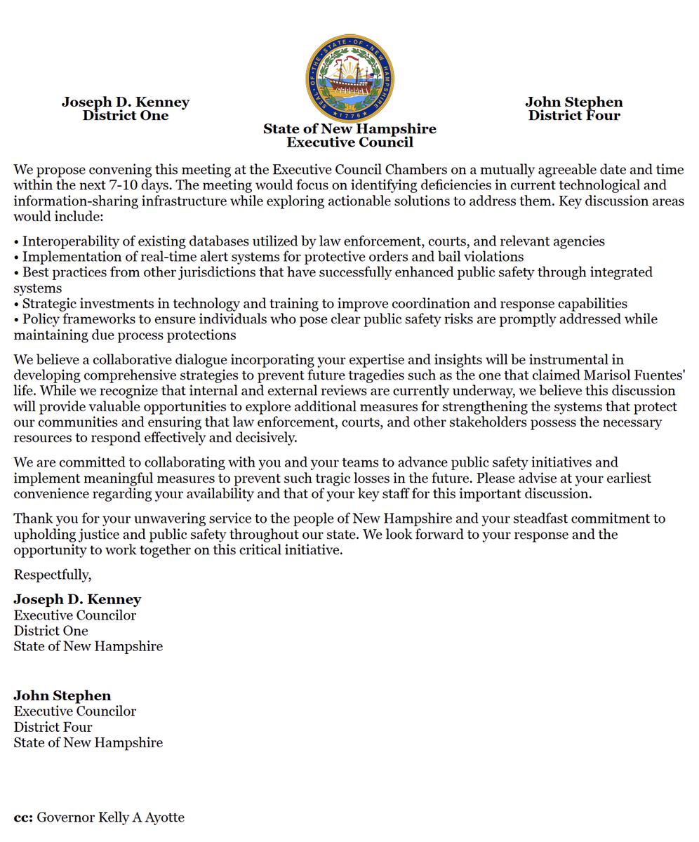 JohnStephenNH's tweet image. As we continue to learn more about the tragic murder of Marisol Fuentes in Berlin, Councilor @JosephKenneyNH and I are pushing for information.
Today we requested a meeting with Chief Justice Gordon MacDonald, Attorney General John Formella, and Commissioner of Safety Robert…