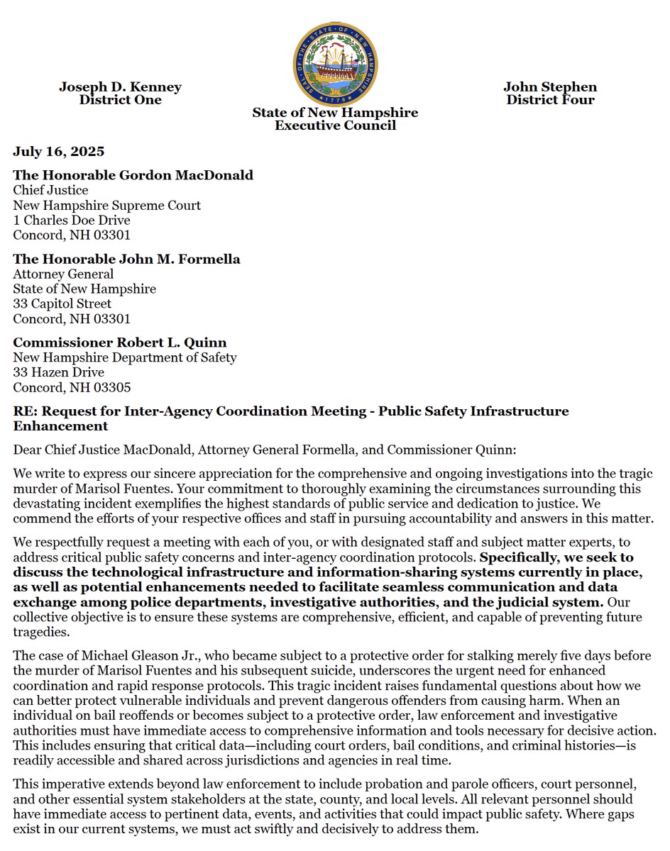 JohnStephenNH's tweet image. As we continue to learn more about the tragic murder of Marisol Fuentes in Berlin, Councilor @JosephKenneyNH and I are pushing for information.
Today we requested a meeting with Chief Justice Gordon MacDonald, Attorney General John Formella, and Commissioner of Safety Robert…