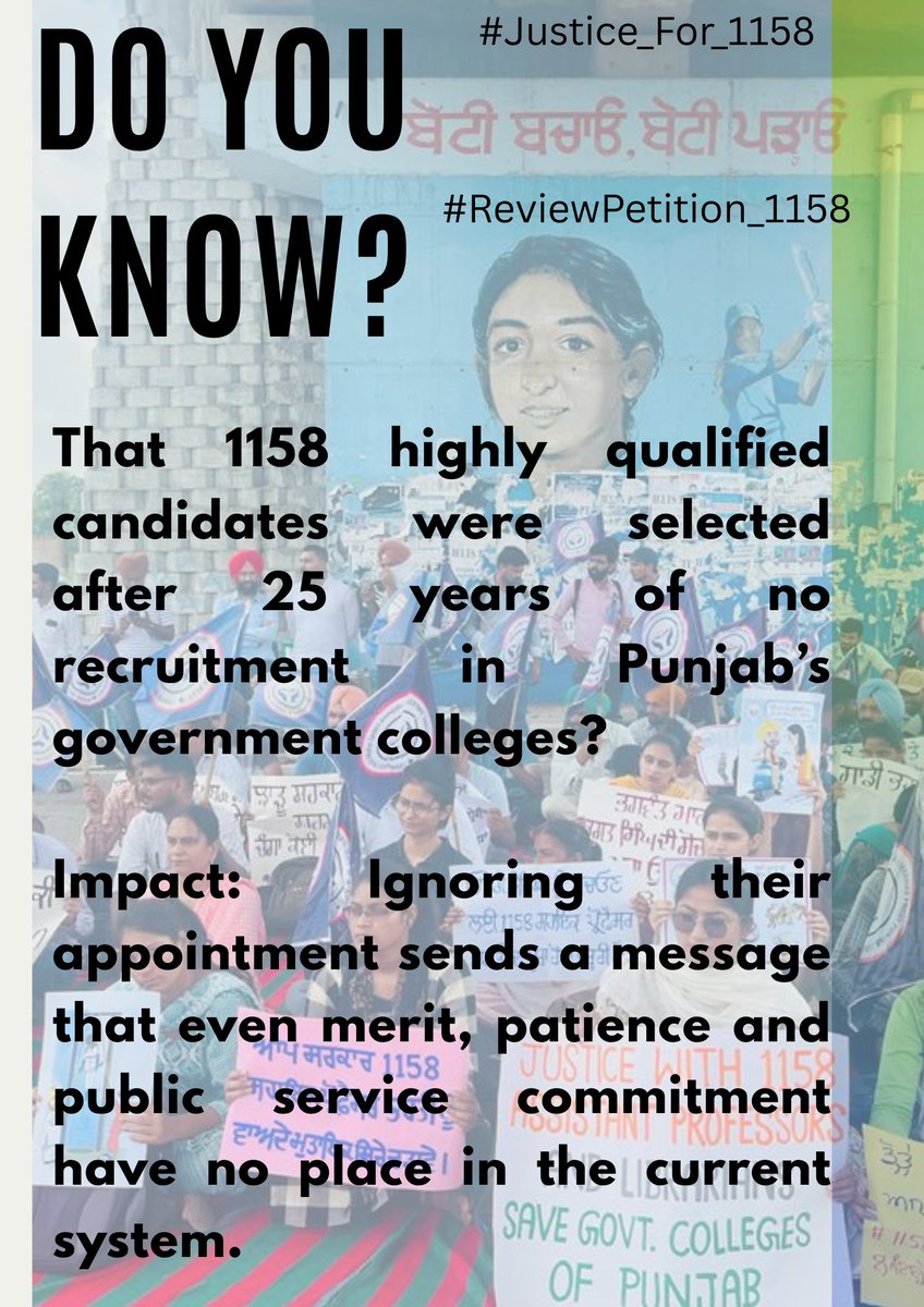 1158APFront5aab's tweet photo. Do you know that 1158 highly qualified candidates were selected after 25 years of no recruitment in Punjab’s govt colleges?
Impact:Ignoring their appointment sends a message that even merit,patience &amp; public service commitment have no place in the current system
#Justice_For_1158 https://t.co/7zvkoHcO5q