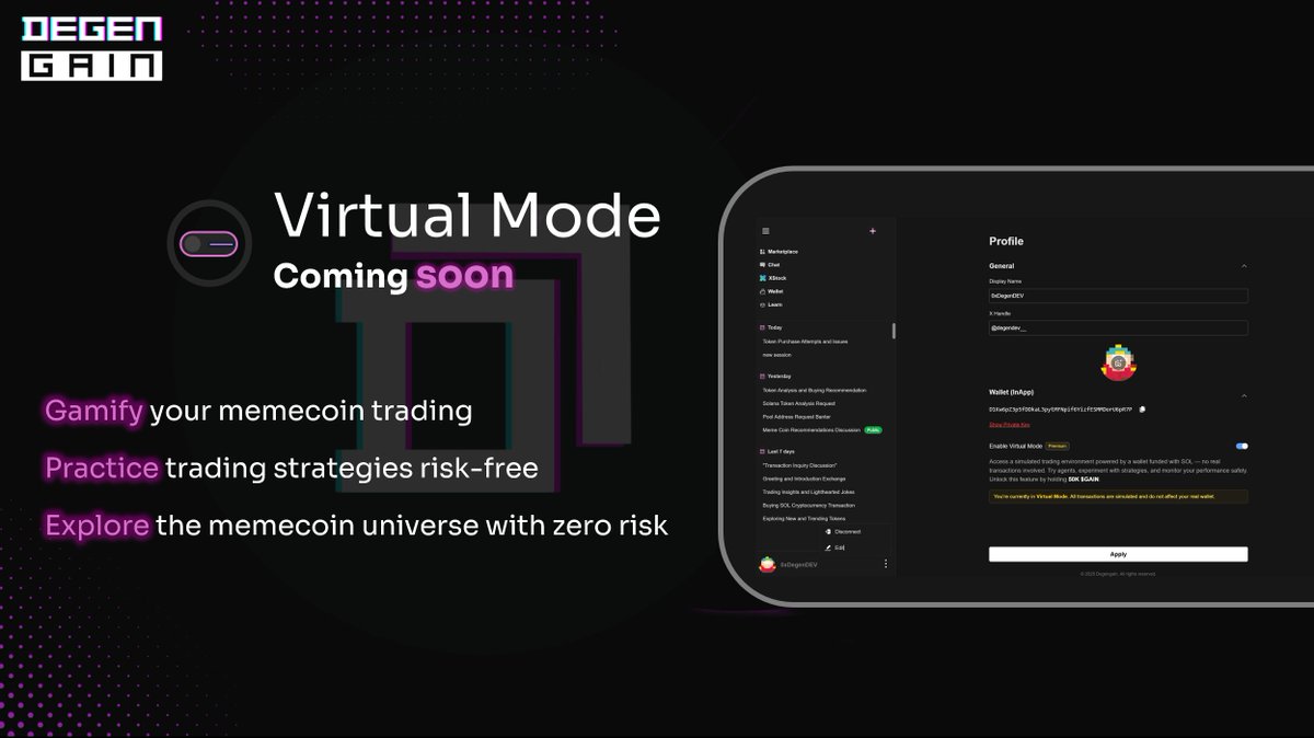 Ever dreamed of trading memecoins without any risk?
Just to train your strategy — or just for fun?
 dgenAI makes it real.

#memecoin #AI #DeFi #Web3Innovation