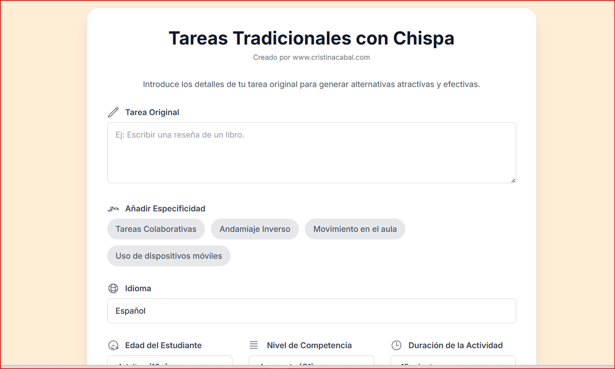 blogdecristina's tweet photo. Inspired by Stlevana, I've created this app to give a bit of a spark to more traditional lesson tasks. It works with different languages, levels, subjects; you can choose methodology...etc.Try Tareas Tradicionales con Chispa and let me know what you think https://t.co/LHDW9szYMm https://t.co/PVyLdzS9cX