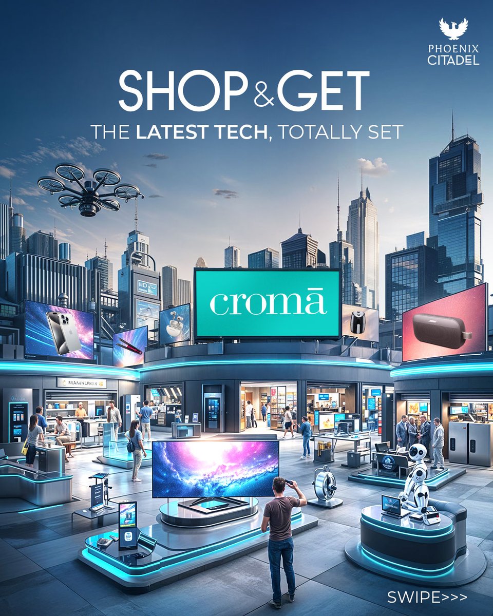 phoenixcitadel's tweet image. Upgrade your tech game! 💥
Shop gadgets worth ₹18,000+ at Croma &amp;amp; unlock a ₹750 fine dining voucher, BOGO at Geetanjali Salon, free parking &amp;amp; car wash.
Don’t just buy tech, live it!

*T&amp;amp;C Apply
#PhoenixShoppingFestival #TechUpgrade #Croma #IndoreShopping #ShopAndWin