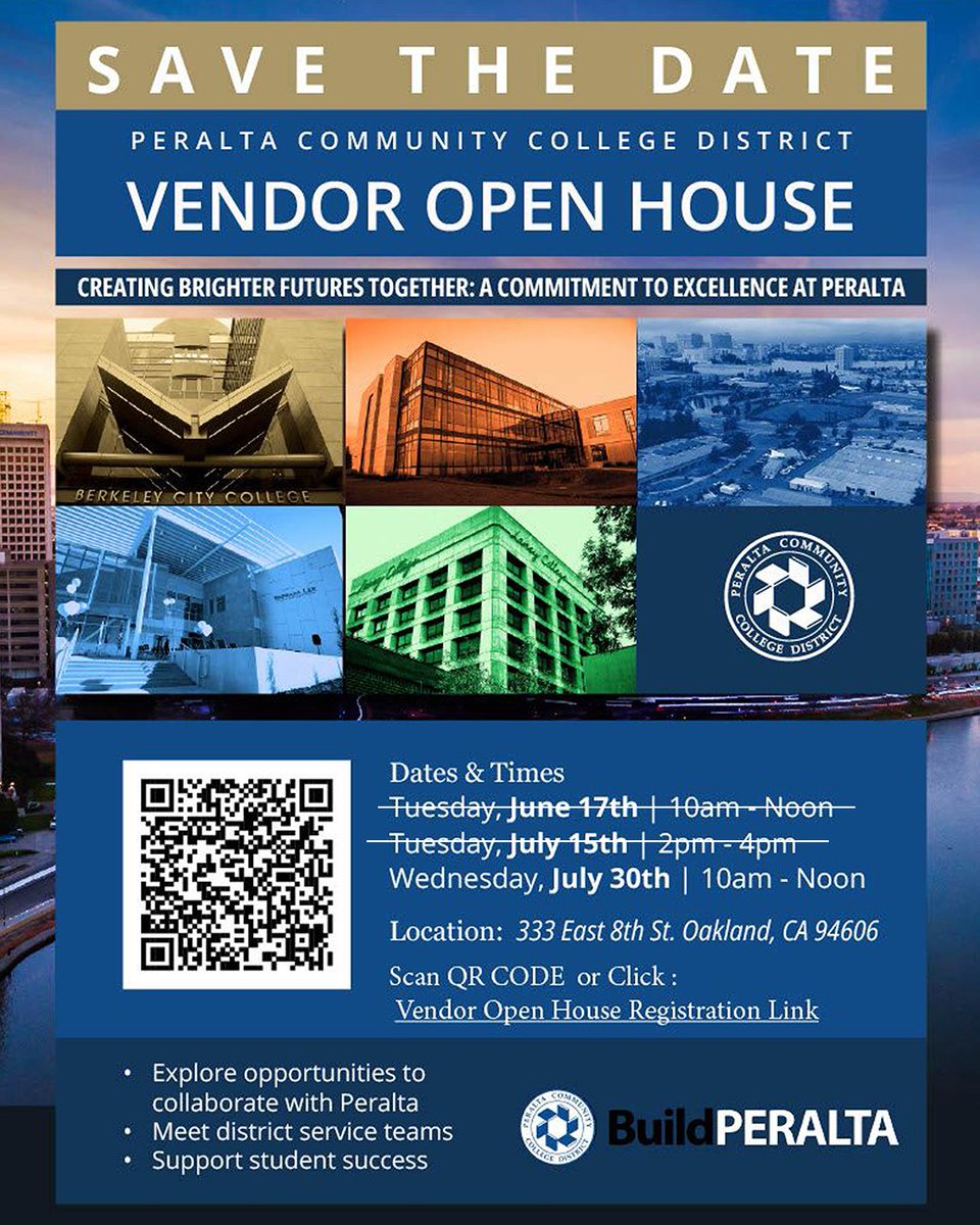 The Peralta Colleges (@peraltacolleges) on Twitter photo 📣 Local businesses—grow with us!
Join Peralta’s VENDOR OPEN HOUSE to explore opportunities, connect with <a href="/BuildPeralta/">BuildPERALTA</a> & support student success.
🗓️ July 30
🕙10AM–12PM
📍 333 E. 8th St, Oakland
🔗REGISTER➡️ bit.ly/4lzrWZa 📣 Local businesses—grow with us!
Join Peralta’s VENDOR OPEN HOUSE to explore opportunities, connect with <a href="/BuildPeralta/">BuildPERALTA</a> & support student success.
🗓️ July 30
🕙10AM–12PM
📍 333 E. 8th St, Oakland
🔗REGISTER➡️ bit.ly/4lzrWZa