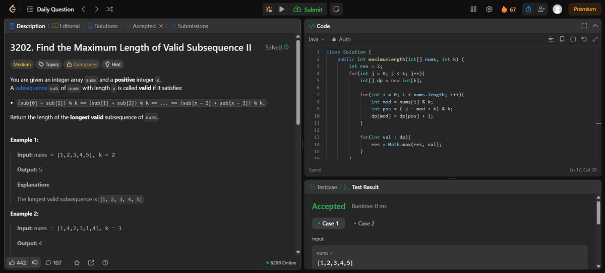 AdarshKumar206's tweet image. Round 2 of #100DaysOfCode
Day 33 of #100DaysOfCode on #leetcode #DSA #LearnInPublic #buildinpublic #remote #connect #remotework #remotejob #java #coding #programming #100daysofcodechallenge #developer #learning #cp
Problem 3202 : Find the Maximum Length of Valid Subsequence II