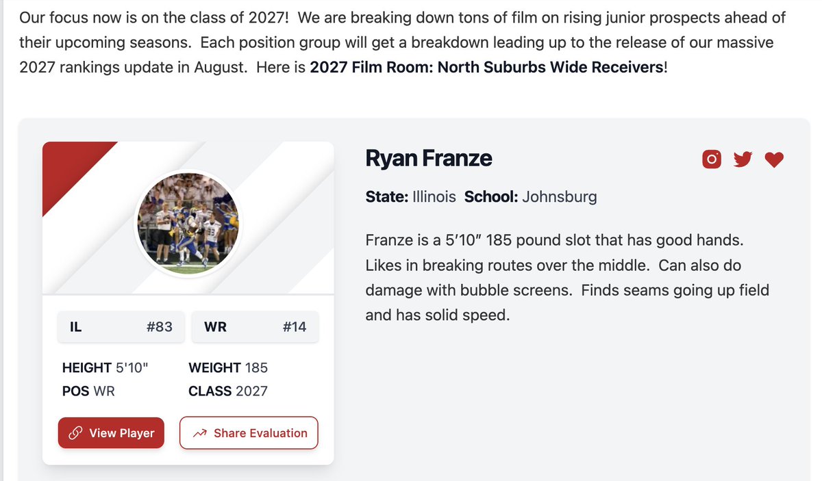 Ryan Franze- Class 2027 (@ryanfranze11) on Twitter photo Appreciate the write-up, <a href="/scottybscout/">Scott Burgess</a>! Excited to see the 2027 rankings drop in August 🔥
<a href="/PrepRedzoneIL/">Prep Redzone Illinois</a> <a href="/Coach_JohnsonJ/">Jack Johnson</a> <a href="/CoachHupke/">Sean Hupke</a> <a href="/AllenTrieu/">Allen Trieu</a> <a href="/GregSmithRivals/">Greg Smith</a> <a href="/abrocato35/">Anthony Brocato</a> <a href="/Coach_Lesniak/">Coach_Lesniak</a> <a href="/ArlenHarrisSr/">Arlen Harris Sr.</a> Appreciate the write-up, <a href="/scottybscout/">Scott Burgess</a>! Excited to see the 2027 rankings drop in August 🔥
<a href="/PrepRedzoneIL/">Prep Redzone Illinois</a> <a href="/Coach_JohnsonJ/">Jack Johnson</a> <a href="/CoachHupke/">Sean Hupke</a> <a href="/AllenTrieu/">Allen Trieu</a> <a href="/GregSmithRivals/">Greg Smith</a> <a href="/abrocato35/">Anthony Brocato</a> <a href="/Coach_Lesniak/">Coach_Lesniak</a> <a href="/ArlenHarrisSr/">Arlen Harris Sr.</a>
