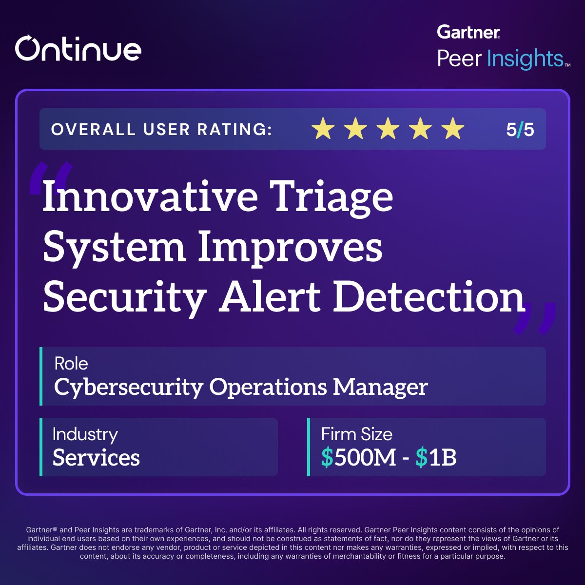 According to a customer in the Services industry, they chose Ontinue for our strong services expertise, overall cost, product roadmap, strong customer focus.... and more. Read the full review: gtnr.it/43hEDkF  

#PeerReview #MXDR #CustomerSuccess