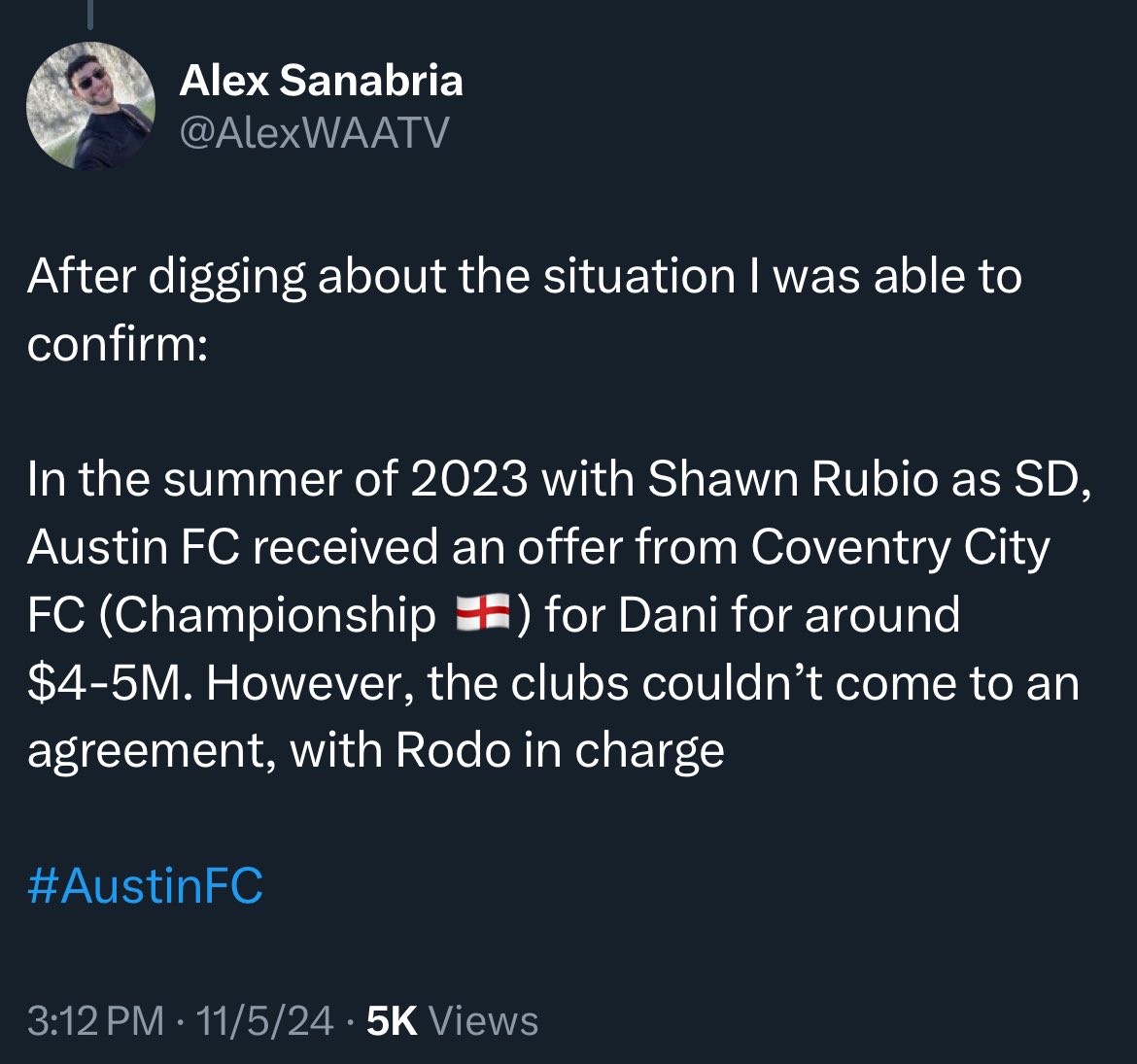 Our very own <a href="/AlexWAATV/">Alex Sanabria</a> back in November of 2024. The Coventry City interest is real and confirmed by the player on our podcast. 

Dani Pereira on the move? 👀

#austinfc #verde | <a href="/AustinFC/">Austin FC</a>