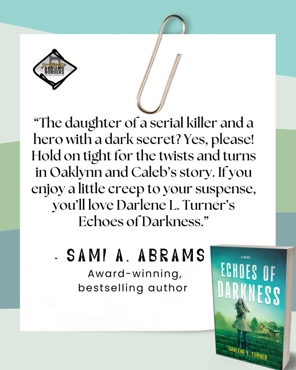 Darlene L. Turner (@darlenelturner) on Twitter photo So honored to receive this endorsement for Echoes of Darkness from the amazing Sami A. Abrams! Thanks Sami! Friends, have you grabbed your copy? It's on sale on Amazon (US only)!! Get it before it goes back up. <a href="/LoveInspiredBks/">LoveInspiredBks</a> #RomanticThriller #Amazon So honored to receive this endorsement for Echoes of Darkness from the amazing Sami A. Abrams! Thanks Sami! Friends, have you grabbed your copy? It's on sale on Amazon (US only)!! Get it before it goes back up. <a href="/LoveInspiredBks/">LoveInspiredBks</a> #RomanticThriller #Amazon