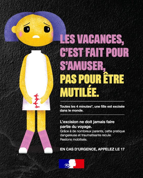 Prefet26's tweet image. #AlerteExcision | Les vacances c’est fait pour s’amuser, pas pour être mutilée !
⛔ Les #mutilations sexuelles féminines portent gravement atteinte à la santé et aux droits des enfants.
🙅 En cette période estivale, restons vigilants, des filles sont encore exposées à l’excision…