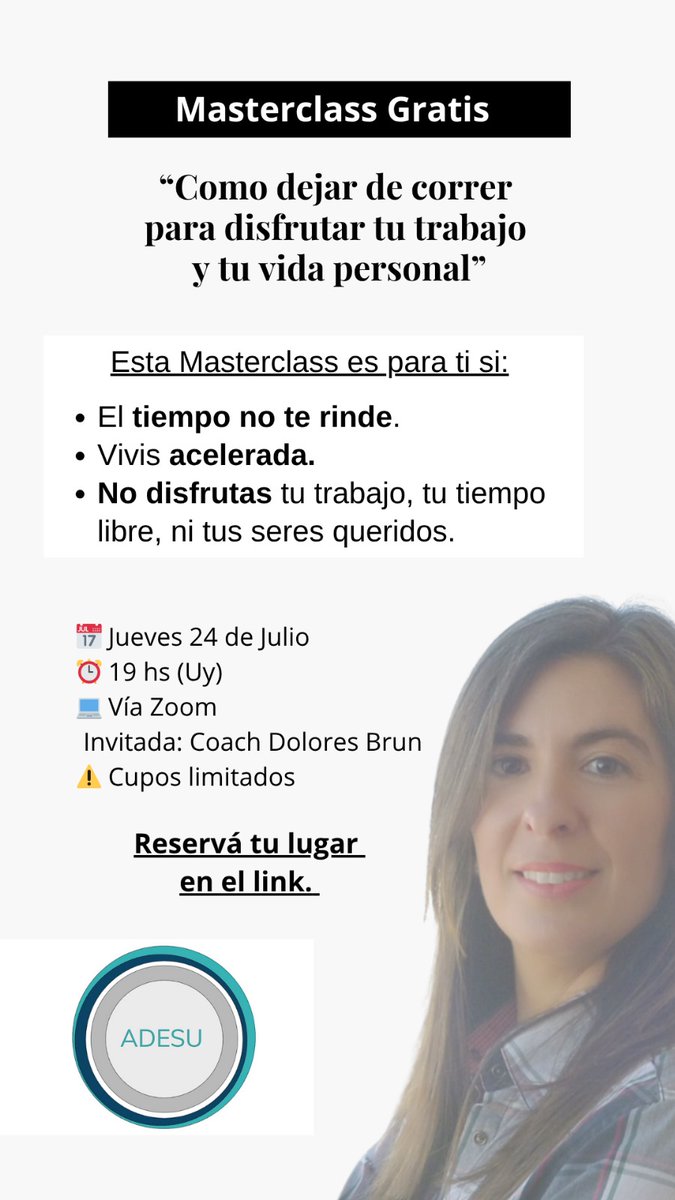 ADESU_UY's tweet photo. Compartimos info de la próxima actividad junto a la coach Dolores Brun.

Si alguno de los temas mencionados te resuenan, te esperamos el 24/7 a la tardecita.

Anotate ya y agendá la fecha!

Inscripciones en el siguiente link
https://t.co/qRFiJYh3ka https://t.co/djQRZMpoxu