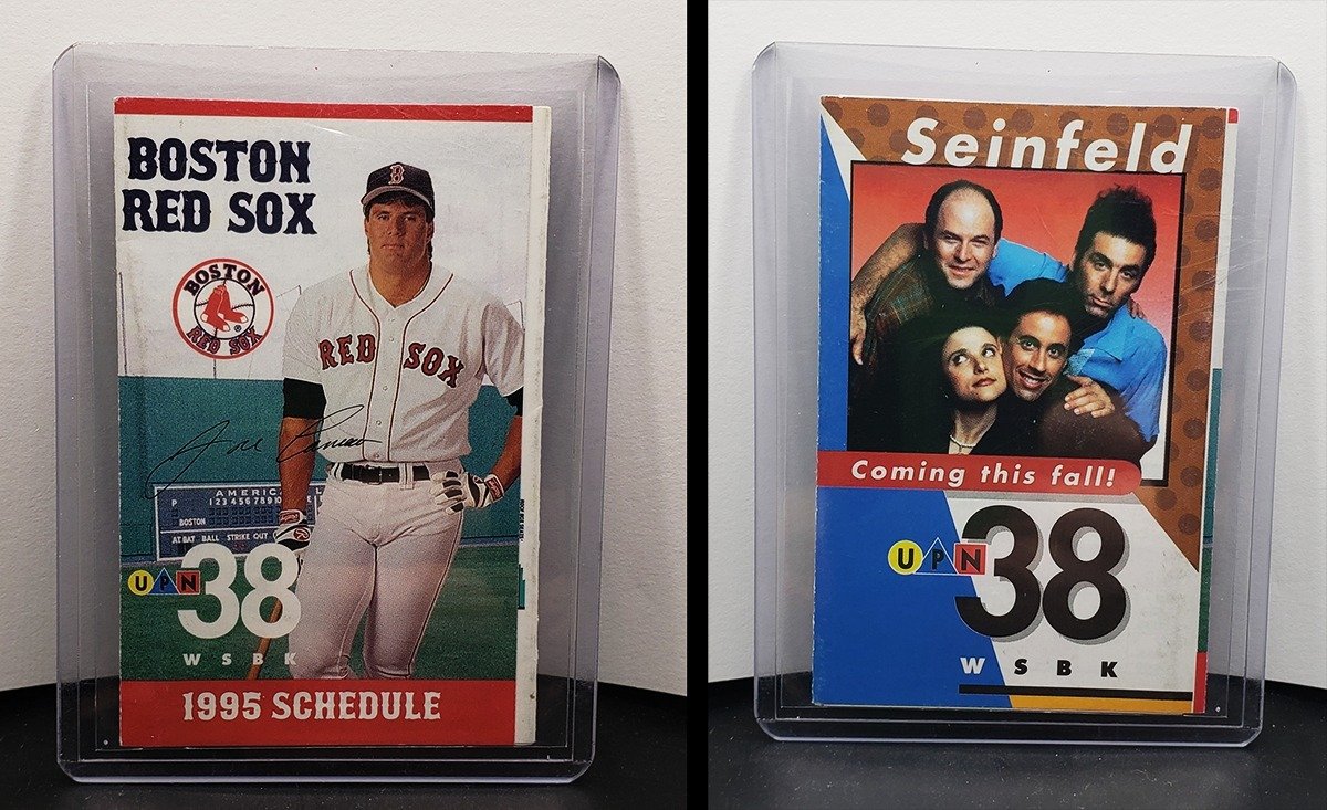 tanmanbbfan's tweet image. That's gold, Jerry! Gold!
This is a '95 @JoseCanseco Red Sox Pocket Schedule with the @SeinfeldTV back. There are a number of versions of this with different backs (Budweiser, Dunkin Donuts, Boston Herald, etc), but this one appears to be rare for whatever reason, and no…