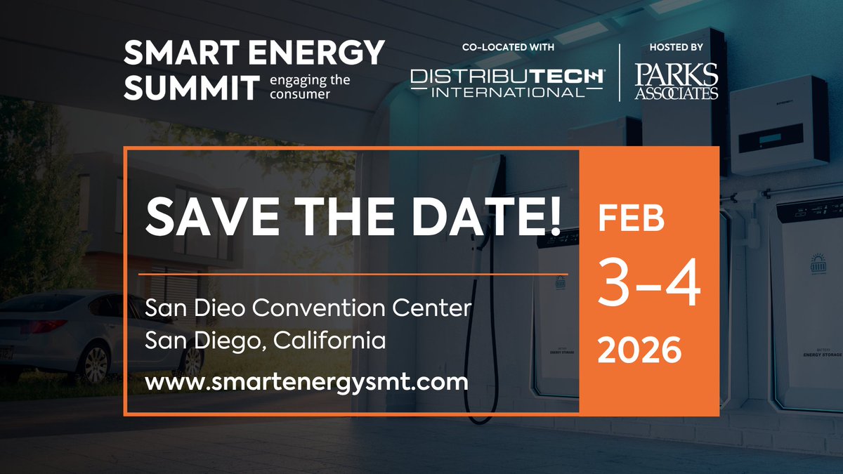 Parks Associates (@parksassociates) on Twitter photo 🔌 Save the date, Feb 3-4, 2026! <a href="/ParksAssociates/">Parks Associates</a>’ 17th Smart Energy Summit, co‑located with DISTRIBUTECH, heads to San Diego. Don’t miss panels & networking on consumer energy market evolution & strategies. Learn more: tinyurl.com/29jry9b6
#Energy #Utilities #SmartEnergy26 🔌 Save the date, Feb 3-4, 2026! <a href="/ParksAssociates/">Parks Associates</a>’ 17th Smart Energy Summit, co‑located with DISTRIBUTECH, heads to San Diego. Don’t miss panels & networking on consumer energy market evolution & strategies. Learn more: tinyurl.com/29jry9b6
#Energy #Utilities #SmartEnergy26