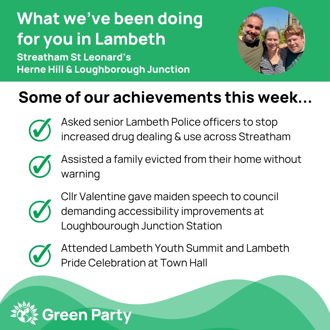 Cllr Scott Ainslie 💚 (@greenpartyscott) on Twitter photo Here’s a look at just a few of the things your <a href="/Lambethgp/">Lambeth Green Party</a> councillors have been up to this week.
If you like what we do, please get in touch and speak to us about joining us/helping us win even more seats in May 2026. 🙏🏼💚 Here’s a look at just a few of the things your <a href="/Lambethgp/">Lambeth Green Party</a> councillors have been up to this week.
If you like what we do, please get in touch and speak to us about joining us/helping us win even more seats in May 2026. 🙏🏼💚