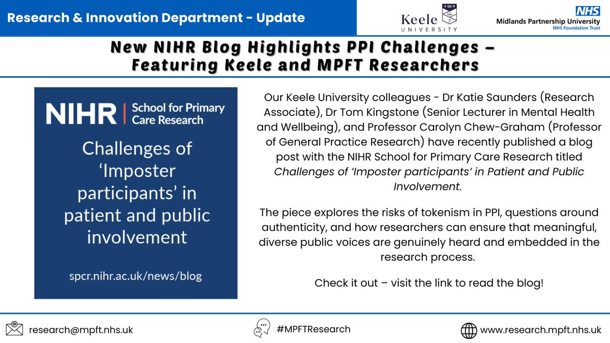 MPFTResearch's tweet image. 📰New blog from @NIHRSPCR featuring @KeeleUniversity & @mpftnhs researchers explores the risks of tokenism in PPI and how to ensure meaningful involvement!
Read: Challenges of ‘Imposter Participants’ in PPI
🔗 spcr.nihr.ac.uk/news/blog/impo…
#PPI #NIHR #MPFTResearch #KeeleUniversity