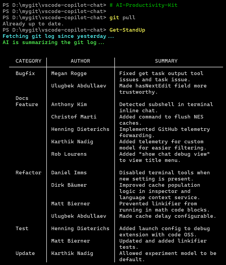dfinke's tweet image. Status meetings: 30 mins of saying “still working on it.”

Me: git pull + Get-Standup

My AI-native #PowerShell tells me what the VS @code team *actually* did yesterday. Even categorized.

No filler. No vibes. Just facts. 🧠⚡