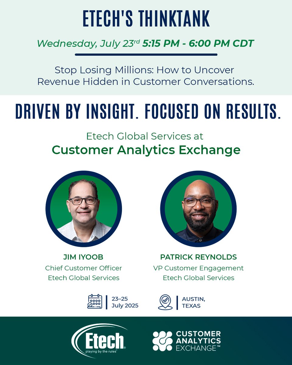 Join Etech at the Customer Analytics Exchange, where leaders come together to share ideas that move customer experience forward.

Schedule a meeting with Etech’s team now:

etechgs.com/company/events….

#CustomerAnalyticsExchange #CXLeadership #Etech #CallCenter #ContactCenter