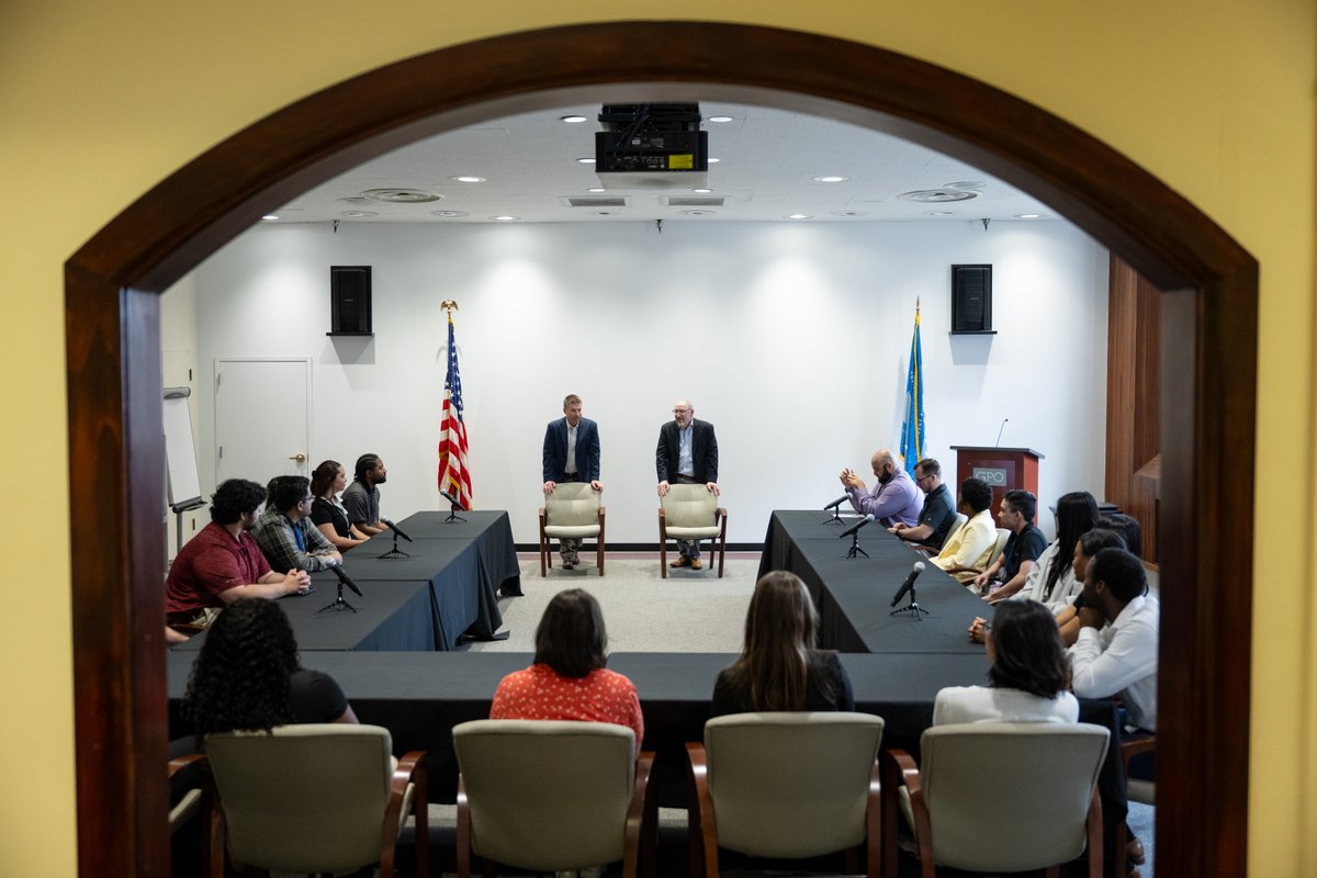 USGPO's tweet image. GPO Director Hugh Halpern and Deputy Director Brian Pearl meet with GPO Recent Graduates.