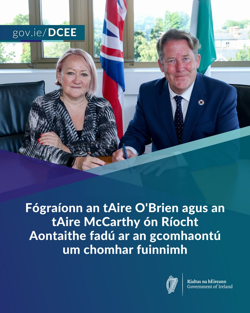 DeptCEE's tweet image. Rinne an tAire Darragh O'Brien & an tAire Kerry McCarthy ón Ríocht Aontaithe fadú a shíniú ar Mheabhrán Tuisceana fuinnimh atá ann cheana, ar dá bharr a thiocfaidh méadú ar an gcomhar idir an dá thír maidir leis an aistriú fuinnimh.
Léigh tuilleadh anseo: bit.ly/3TNZc2C