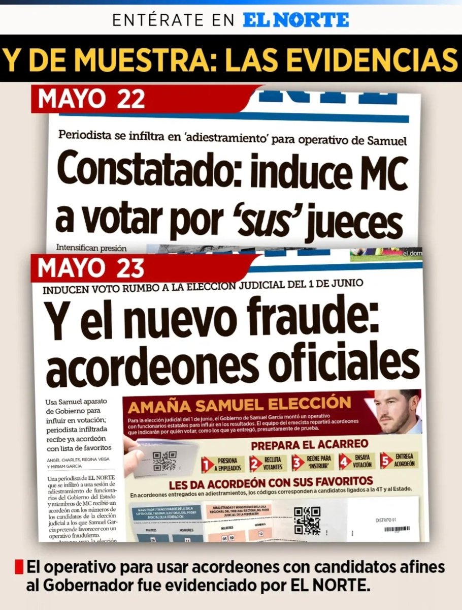 Daniel Reyes (@dreyesmty) on Twitter photo La Operación Acordeón de <a href="/samuel_garcias/">Samuel García</a> y <a href="/MovCiudadanoNL/">Movimiento Ciudadano Nuevo León</a> para tratar de inducir la elección judicial será investigada por la autoridad electoral.
El TEPJF resolvió que las notas de <a href="/elnorte/">EL NORTE</a> aportan indicios de un posible ilícito.
👉🏽 elnorte.com/EQS8yn La Operación Acordeón de <a href="/samuel_garcias/">Samuel García</a> y <a href="/MovCiudadanoNL/">Movimiento Ciudadano Nuevo León</a> para tratar de inducir la elección judicial será investigada por la autoridad electoral.
El TEPJF resolvió que las notas de <a href="/elnorte/">EL NORTE</a> aportan indicios de un posible ilícito.
👉🏽 elnorte.com/EQS8yn