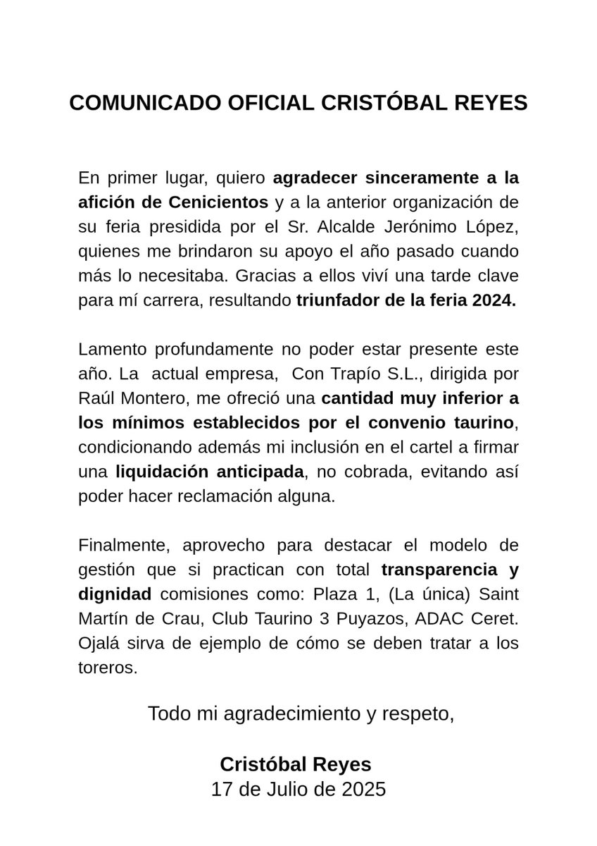 Comunicad sobre mi ausencia en cenicientos.