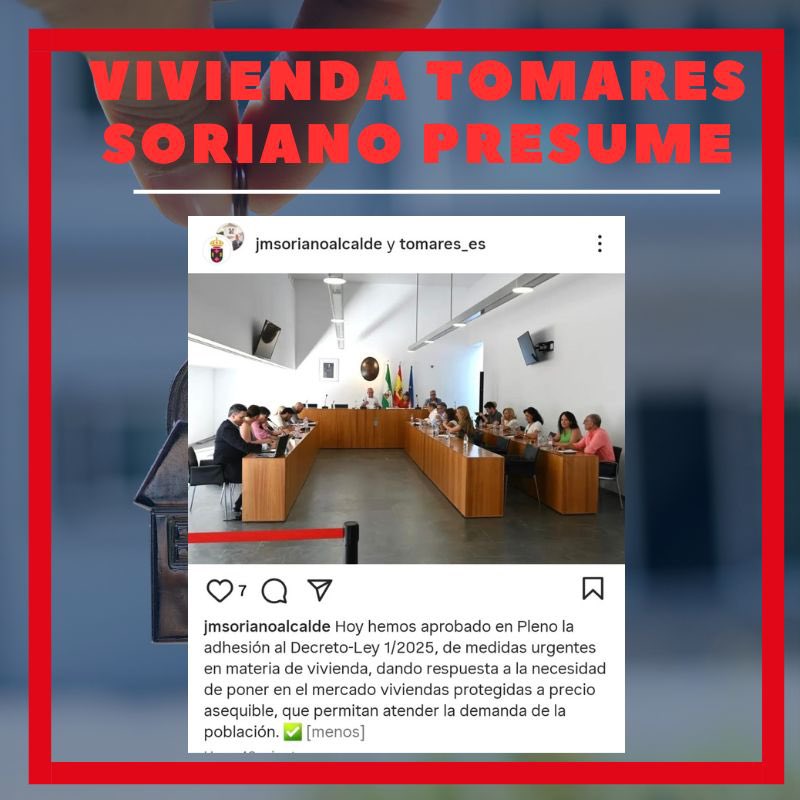🏡Vivienda en #Tomares. Instamos a Soriano a que cumpla y cambie sus políticas.
👉🏻Rechaza hasta en 2 ocasiones propuestas socialistas de vivienda asequible
👉🏻7 años sin cumplir el plan municipal

Ahora se adhiere a la iniciativa del Gobierno de España pero irá más allá del papel?