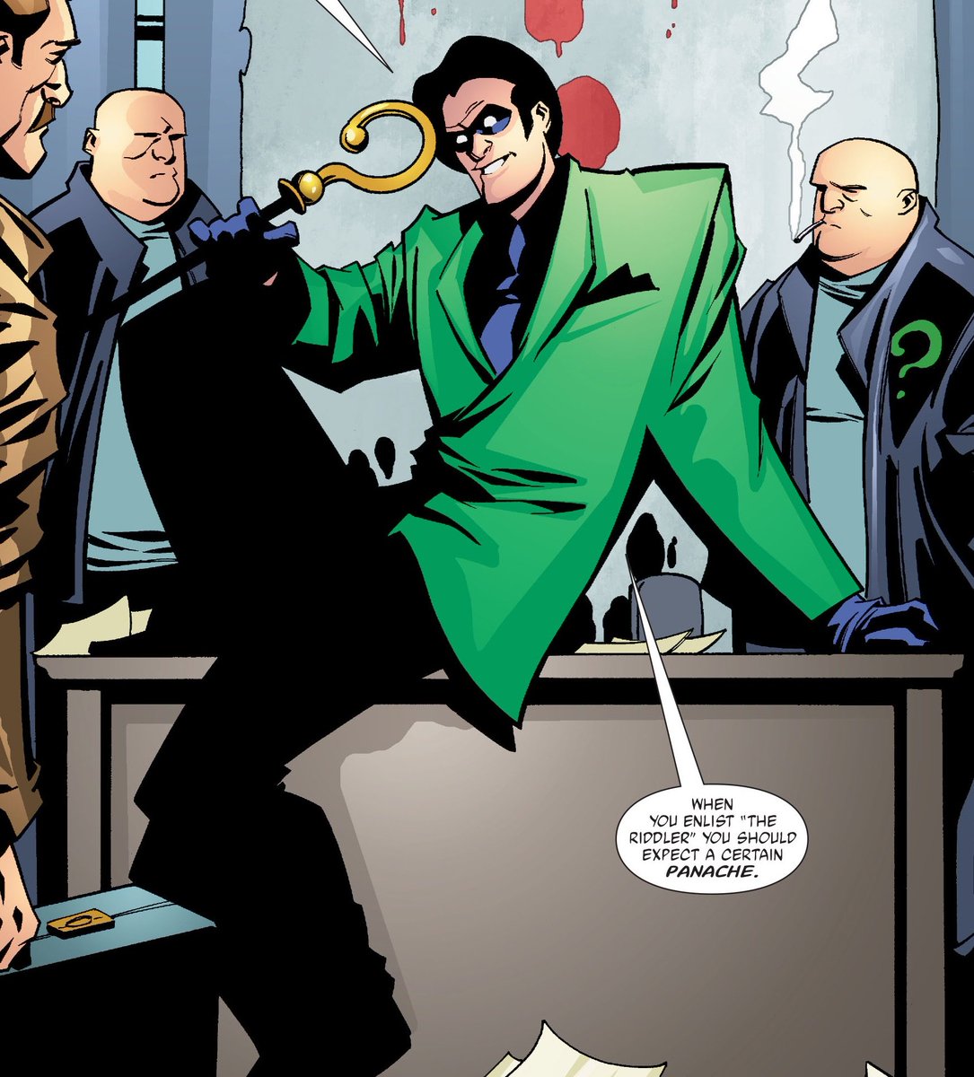 the_whar's tweet image. I love how the second Riddler sees a desk that isn't his he immediately starts sitting on it