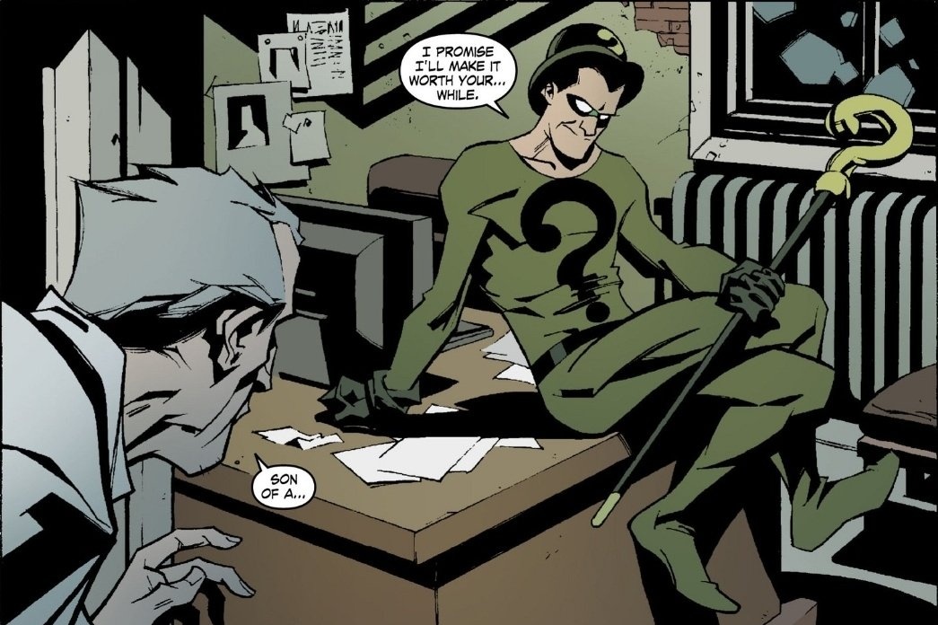the_whar's tweet image. I love how the second Riddler sees a desk that isn't his he immediately starts sitting on it