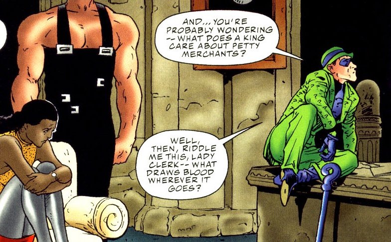 the_whar's tweet image. I love how the second Riddler sees a desk that isn't his he immediately starts sitting on it