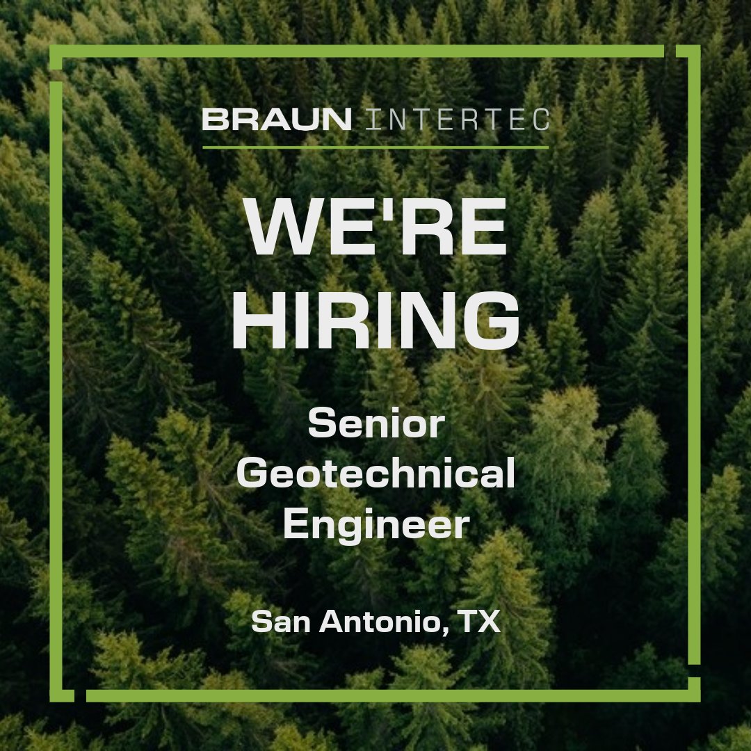 We are seeing a Senior Geotechnical Engineer in our San Antonio office that has:
- 6+ years of geotechnical experience
- 2+ years practicing in San Antonio
- Experience in the K-12 market or with municipal clients

Apply today: braunintertec.com/careers