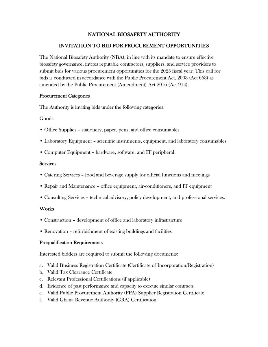 Ghana_NBA's tweet photo. The National Biosafety Authority (NBA) seeks qualified contractors &amp; service providers for 2025 procurement opportunities.

Contact: divine.begah@nba.gov.gh | 0243470430
#Procurement #NBA #Ghana #PublicTender #BusinessOpportunity https://t.co/vHuICoNDoz