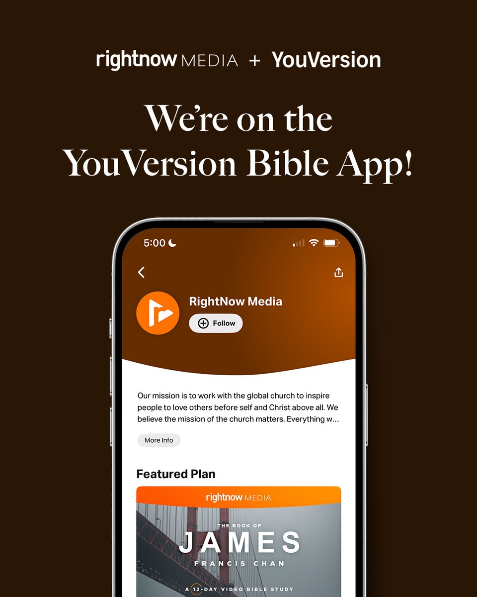 RightNowMedia's tweet image. A few of our most popular Bible studies are available on @YouVersion! 🎉
We love YouVersion's mission of helping people connect with God through his Word everywhere, every day. 👉 Just search "RightNow Media" on the YouVersion Bible app to get started.