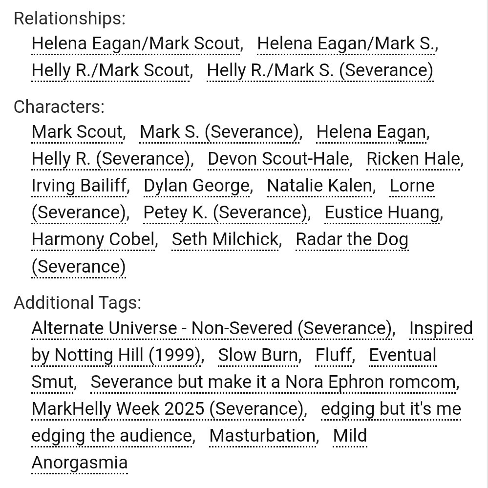SevFicUpdates's tweet image. 🔞 Baird Creek by perpetual_novice updated - (6/?) - 30.3k
E, Notting Hill inspired au, Helena Eagan/Mark Scout
archiveofourown.org/works/66551710…