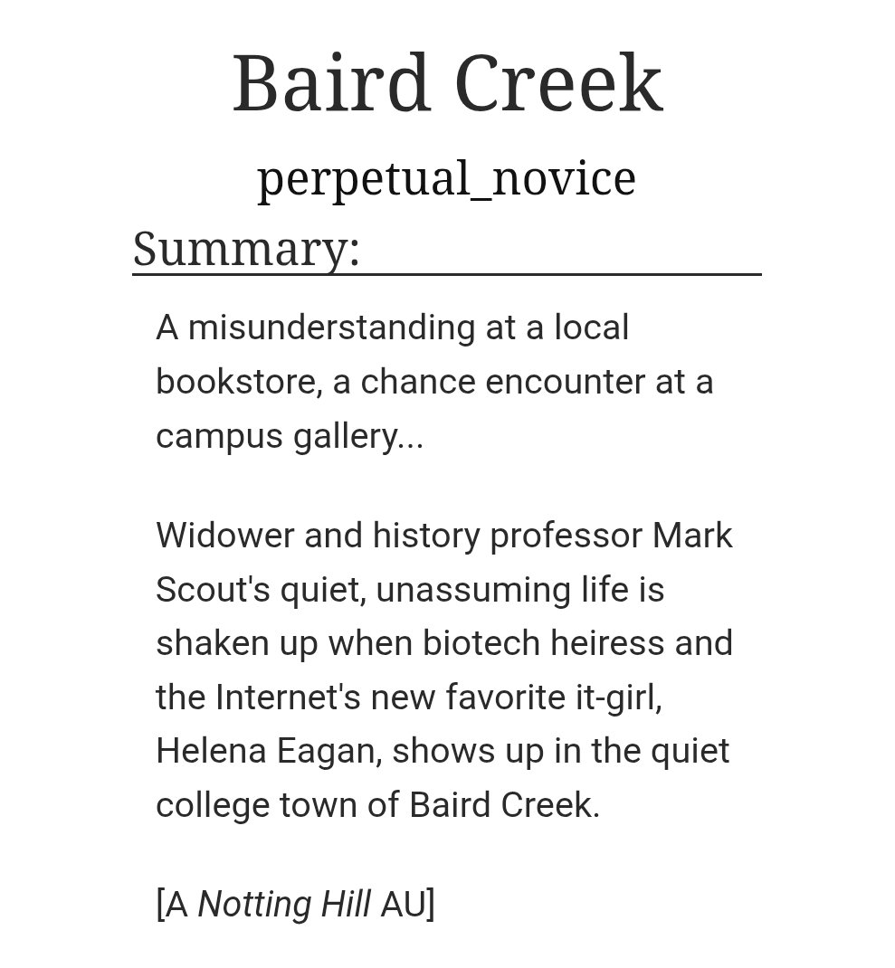 SevFicUpdates's tweet image. 🔞 Baird Creek by perpetual_novice updated - (6/?) - 30.3k
E, Notting Hill inspired au, Helena Eagan/Mark Scout
archiveofourown.org/works/66551710…