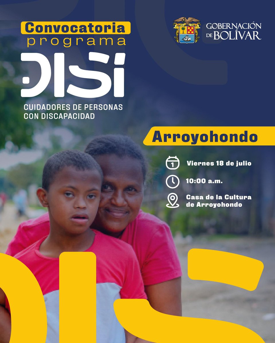 secmujerbolivar's tweet image. 📣 Convocatoria abierta con el programa #DiSí en los municipios de Arjona, Arroyohondo y Calamar. Niños y niñas en condición de discapacidad y sus cuidadores podrán participar en esta iniciativa que promueve el fortalecimiento de la cultura de la inclusión con atención integral.