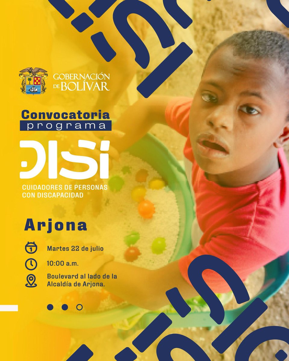 secmujerbolivar's tweet image. 📣 Convocatoria abierta con el programa #DiSí en los municipios de Arjona, Arroyohondo y Calamar. Niños y niñas en condición de discapacidad y sus cuidadores podrán participar en esta iniciativa que promueve el fortalecimiento de la cultura de la inclusión con atención integral.