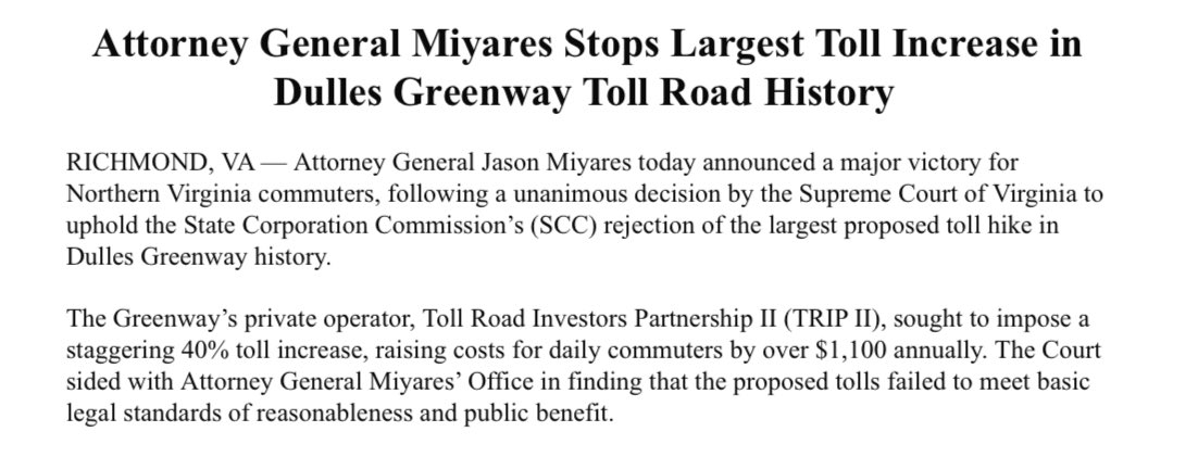 🚨🚨 My office stopped the largest toll increase in Dulles Greenway history.